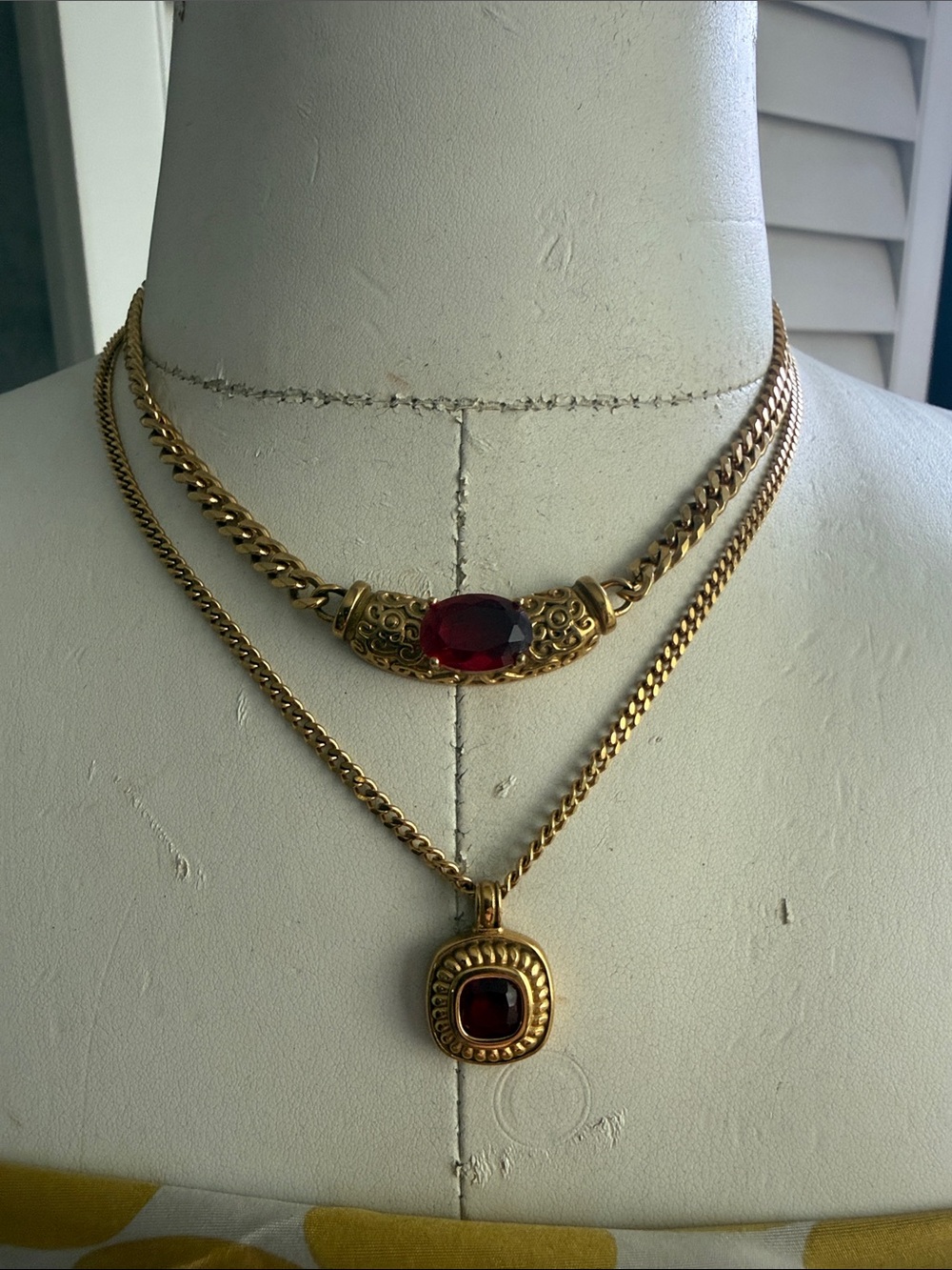 Gold-Tone Layered Necklace with Deep Ruby Accents